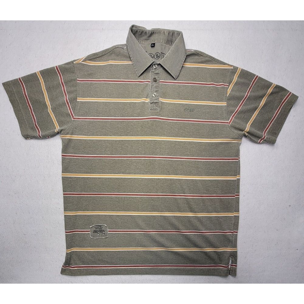Jeep Polo Shirt Mens Large Embroidered Patch Green Brown Striped